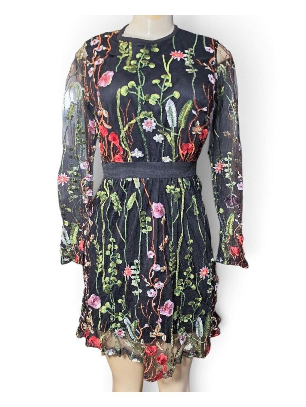 Black Floral Embroidered Mesh Long Sleeve Mini Dress Cottagecore Fairy S